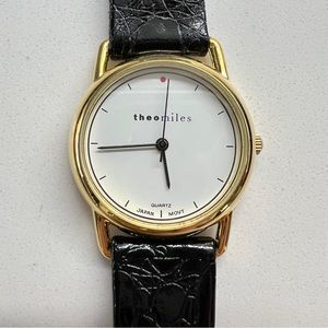 NWT 90s THEOMILES Watch Gold-tone Bezel Genuine Leather Band VINTAGE